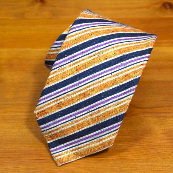 $570 ITALO FERRETTI Navy Blue Striped Handmade Silk Linen Neck Tie Italy XL - Picture 10 of 16